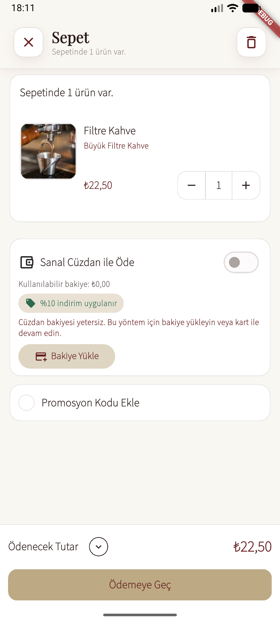 Rovli Coffee sepet ve cüzdan ekranı