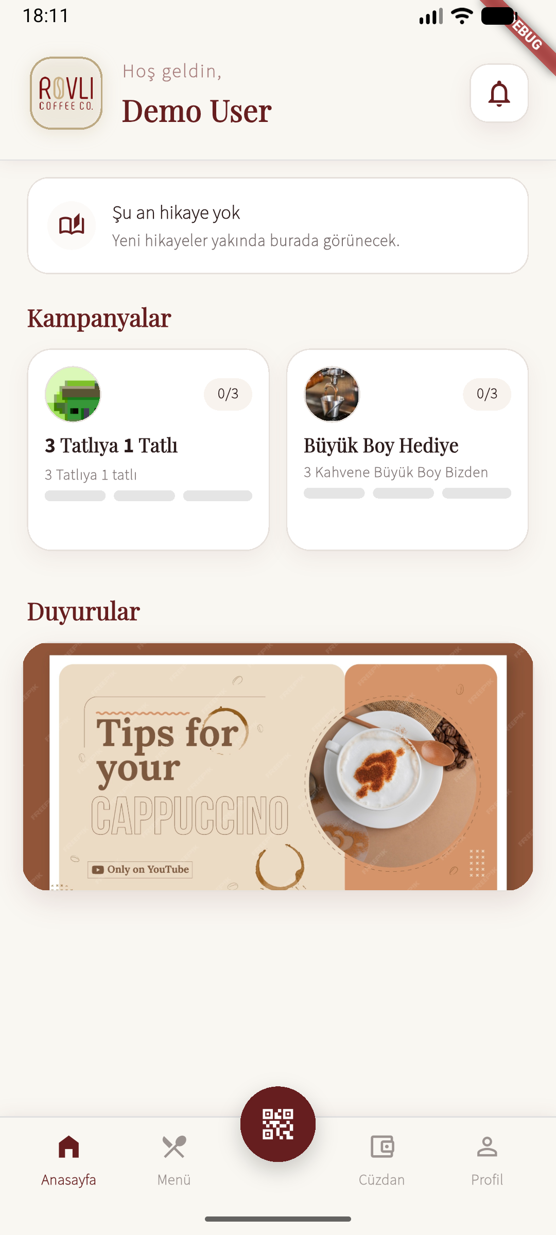 Rovli Coffee ana sayfa ve kampanya ekranı